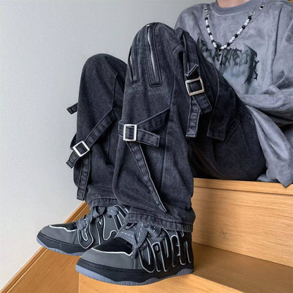 Vibezip-up Americano Jeans Masculinos da Moda Boca de Sino Solta Estilo Gangsta de Rua Ins Roupa de Trabalho Casual