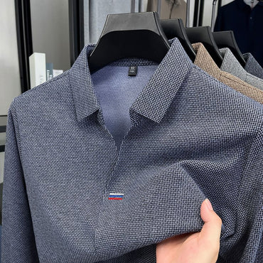 High end brand men's long sleeve V-neck polo shirt autumn fashion new striped embroidery design boutique golf top casual T-shirt