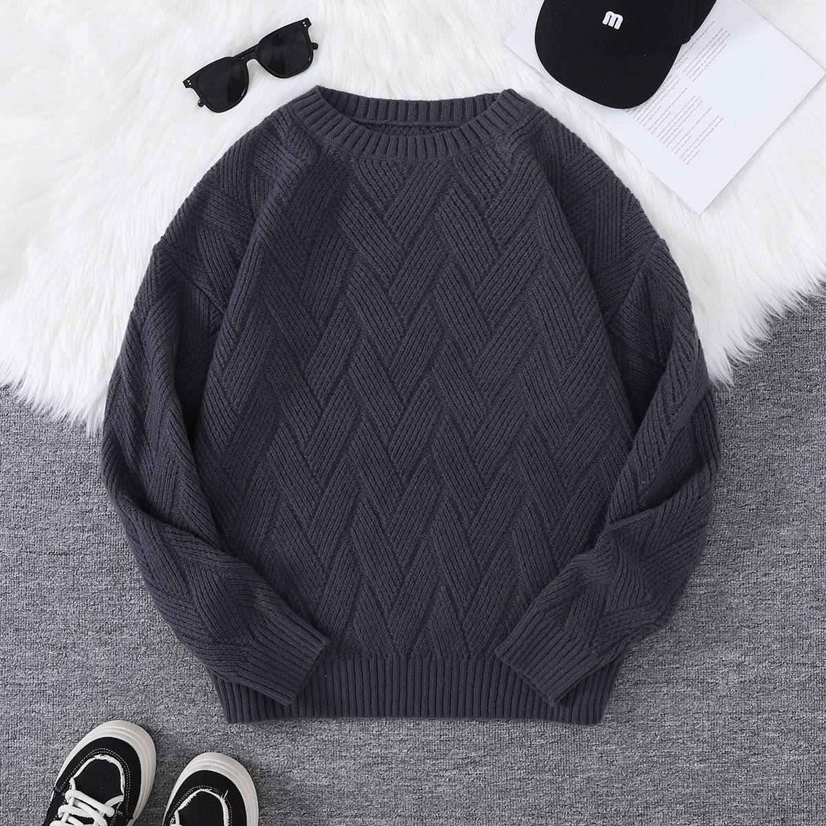 New\Japanese Style Round Neck Couple Sweater Plain Weave Style Casual Versatile Trendyy Men's Long-Sleeved Sweater Top