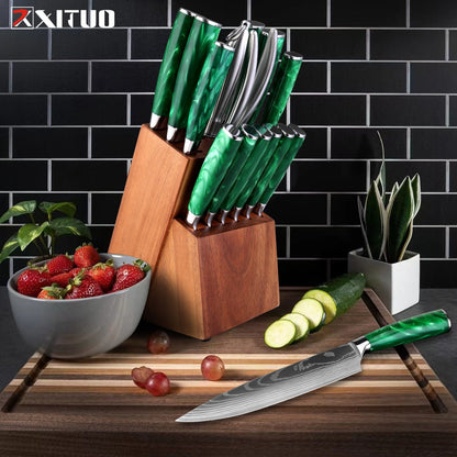Conjunto de Facas de Cozinha, Conjunto de 15 Facas com Bloco de Madeira, Faca com Padrão Damasco a Laser em Aço de Alto Carbono Japonês com Facas de Bife