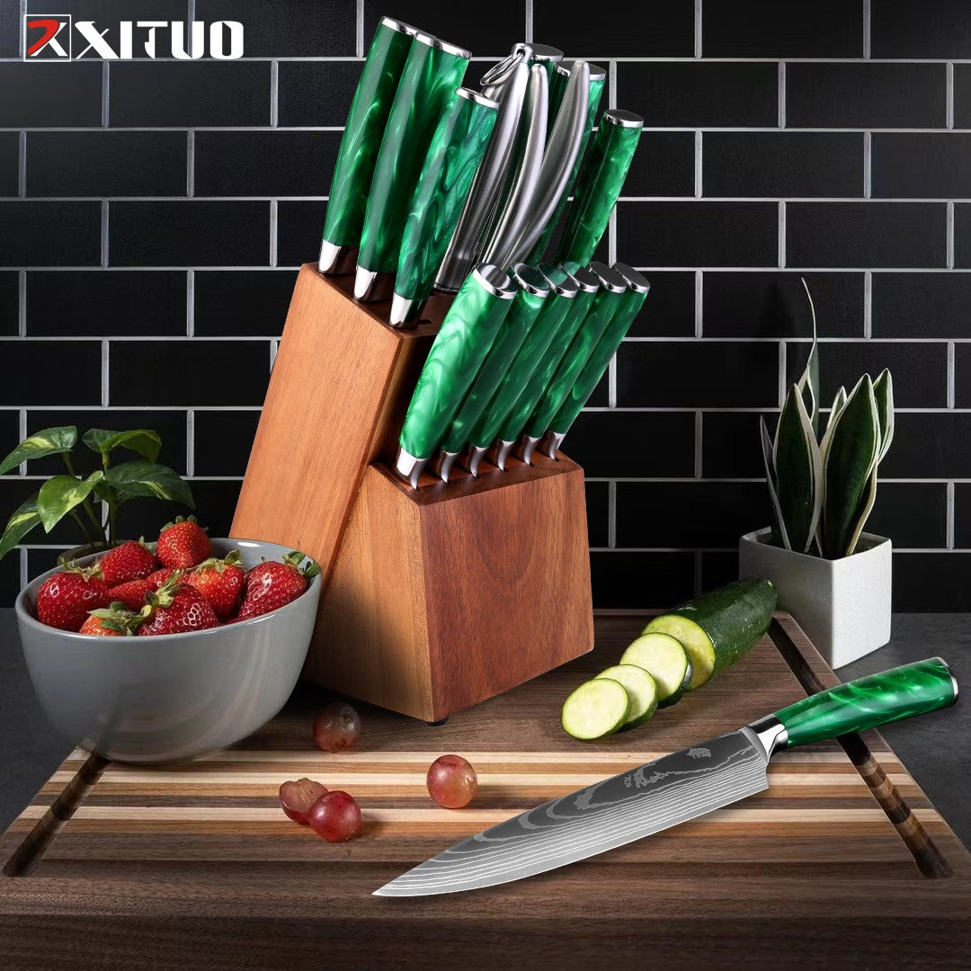 Conjunto de Facas de Cozinha, Conjunto de 15 Facas com Bloco de Madeira, Faca com Padrão Damasco a Laser em Aço de Alto Carbono Japonês com Facas de Bife