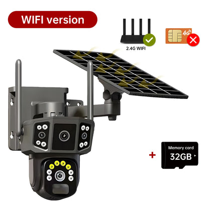 Câmera de segurança externa sem fio WIFI solar V380 Pro 10X 4K de lente dupla, CFTV solar, câmeras solares 4G sim