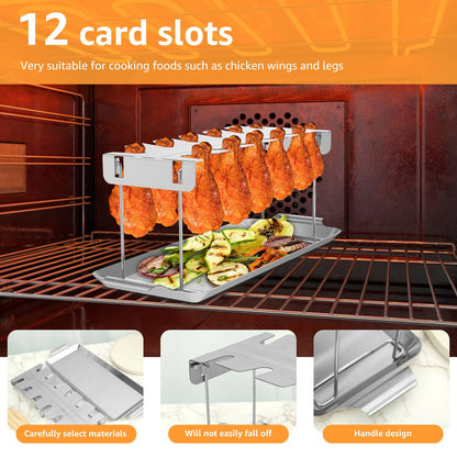 Chicken Leg Rack for Grill Barbecue Cooking Rack Stainless Steel Chicken Wing Rack with Drip Tray Folding BBQ Drumstick Stand