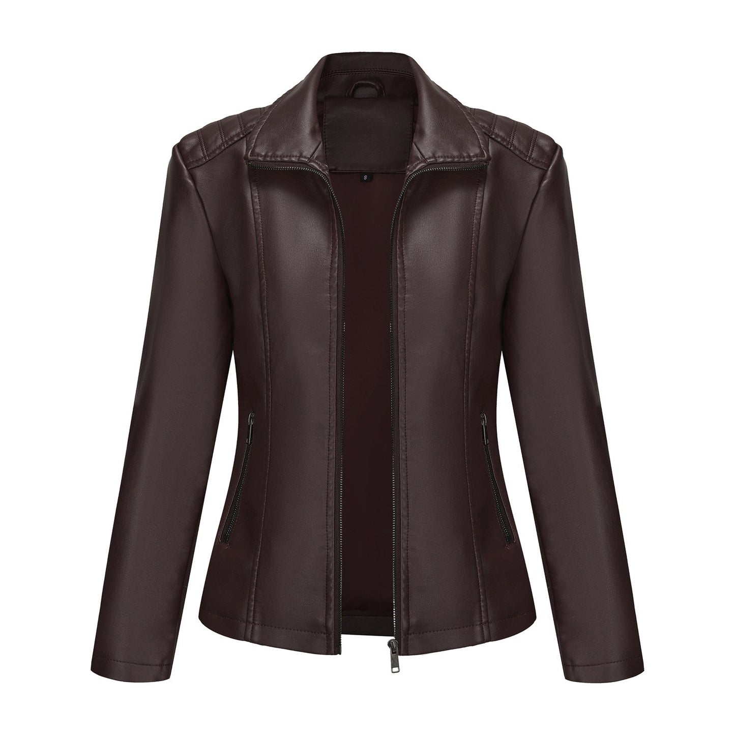 2025 Women’s Stylish Brown Faux Leather Jacket - Slim Fit, Trendy Moto Style with Zipper Detail PU Coat.