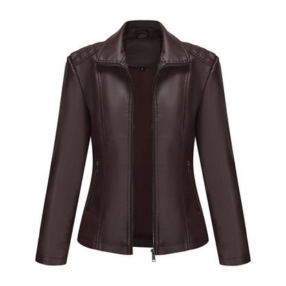 2025 Women’s Stylish Brown Faux Leather Jacket - Slim Fit, Trendy Moto Style with Zipper Detail PU Coat.