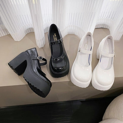 Sapatos femininos com salto plataforma grosso e alto, estilo Mary Jane, em couro PU, fivela no tornozelo, salto grosso, brancos, estilo Lolita, outono 2023