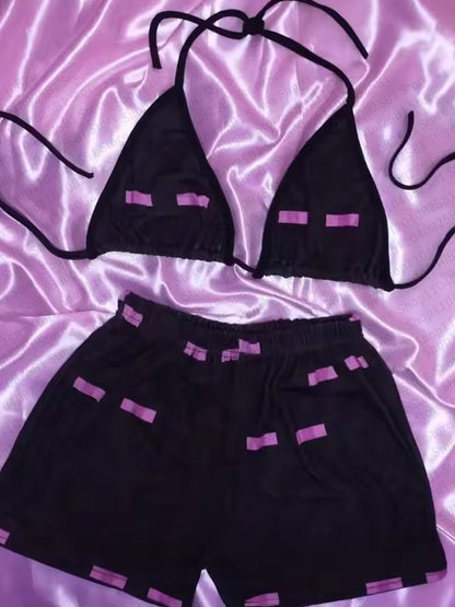 Retro 2000s women's punk new beach swimsuit Gothic clothing American printed garbage swimsuit bikini Y2K swimsuit set emo girl