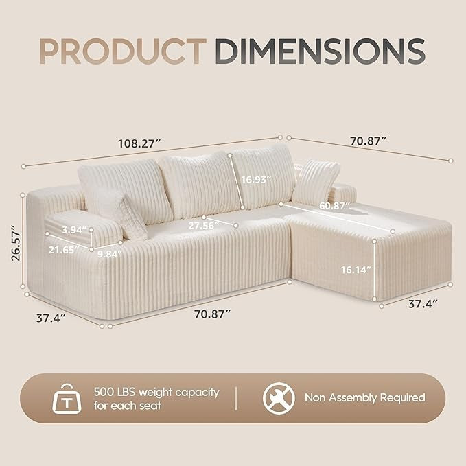 Modular L-Shaped 3-Seat Sectional | Memory Foam with Deep Seating & Storage Modules | Living Room Sofa