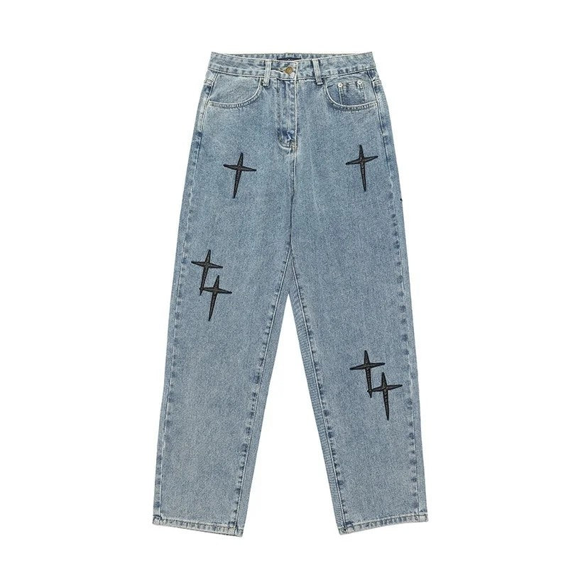 Nova Calça Jeans Masculina Larga Bordada Moda Solta Calça Jeans Streetwear Hip Hop Reta Perna Larga Calça Casual Roupa Masculina