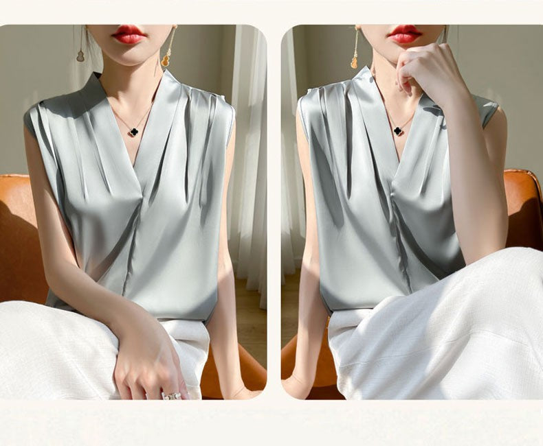 Womens Tops Blouses Solid Color White Satin Blouse Office Shirt Blusas Sleeveless Women Shirts Black White Female YTM A31