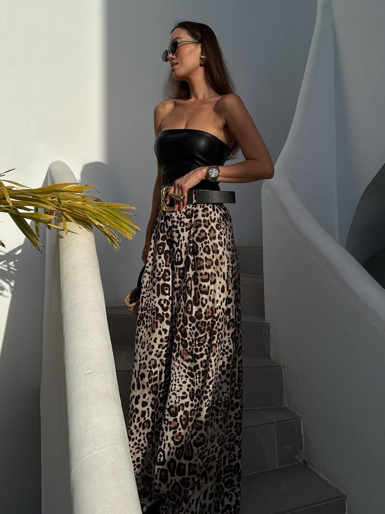 UNIZERA Leopard Satin with Belt High Waisted Trousers Wide Leg Pants Women's Clothing 2025 Summer New Arrivals Casual Pants