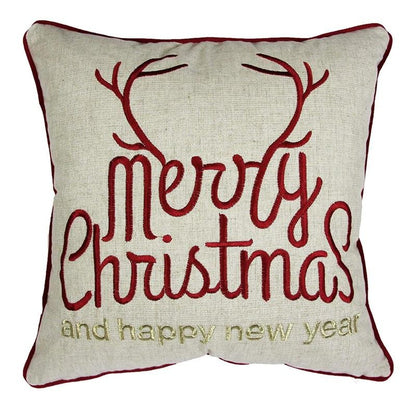 Merry Christmas Happy New Year Throw Pillow 20x20 Linen Look Gold Accents and Insert