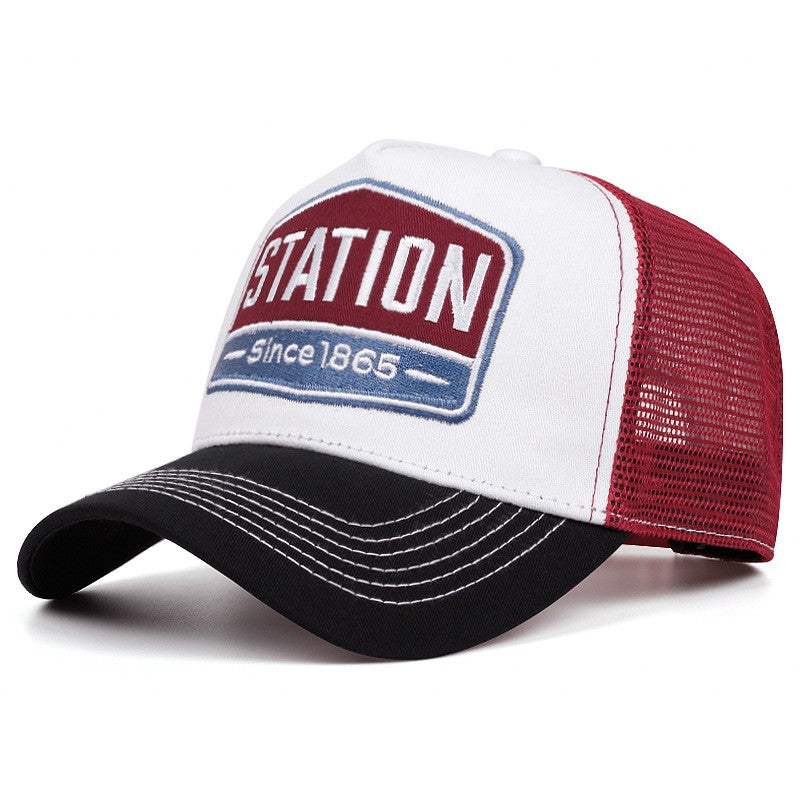 Boné Unissex Clássico com Estampa de Letras "STATION" em Tela, Boné Respirável Masculino e Feminino para Streetwear, Chapéu Trucker de Verão