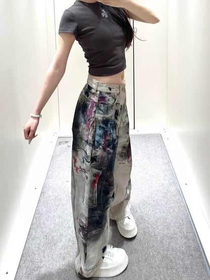 American vintage graffiti 3D printed jeans for women high street Y2K style loose straight-cut casual wide-leg floor-length pants