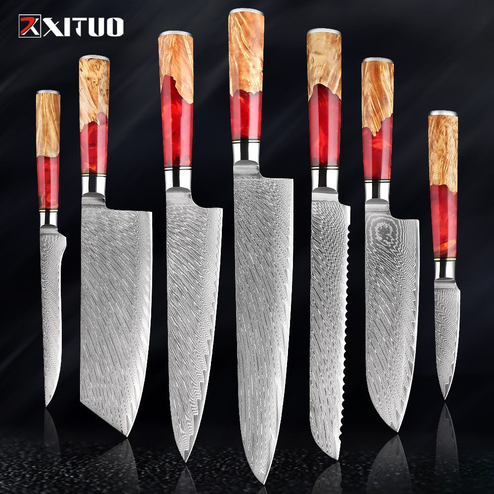 XITUO Conjunto de Facas de Cozinha de Aço Damasco de 1 a 9 Peças Inclui Faca do Chefe, Faca de Pão, Cutelo, Faca Santoku, Faca Nakiri para Desossar