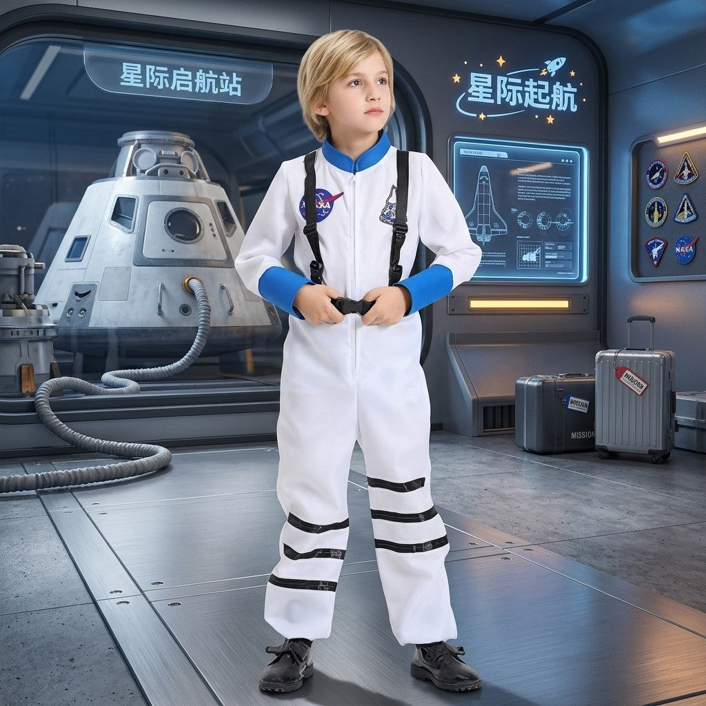 Halloween Space Suit Jumpsuit Cosmic Astronaut Costume Metallic Silver Unisex Family Party Dress Up