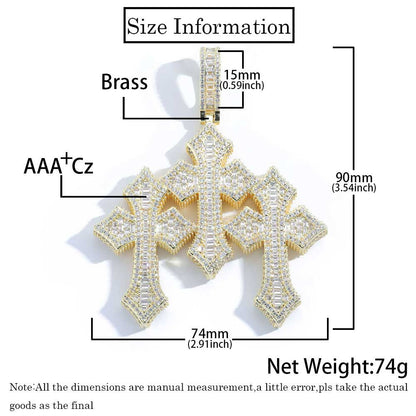 High Quality 3Inch Mens Hip Hop Cross Pendant New Release Iced out Triple Cross with Stone Charm Necklace Made Brass
