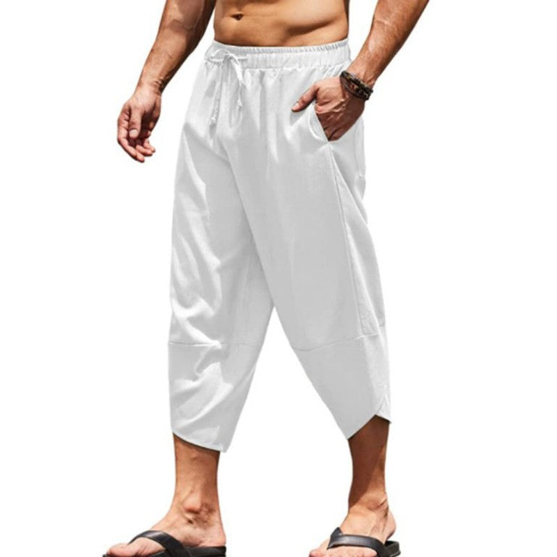 Calças Capri Masculinas de Verão Cor Sólida Shorts Harem Masculinos com Elástico na Cintura Cordão Calças Cropped 3/4 Folgadas
