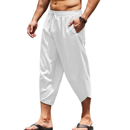 Calças Capri Masculinas de Verão Cor Sólida Shorts Harem Masculinos com Elástico na Cintura Cordão Calças Cropped 3/4 Folgadas
