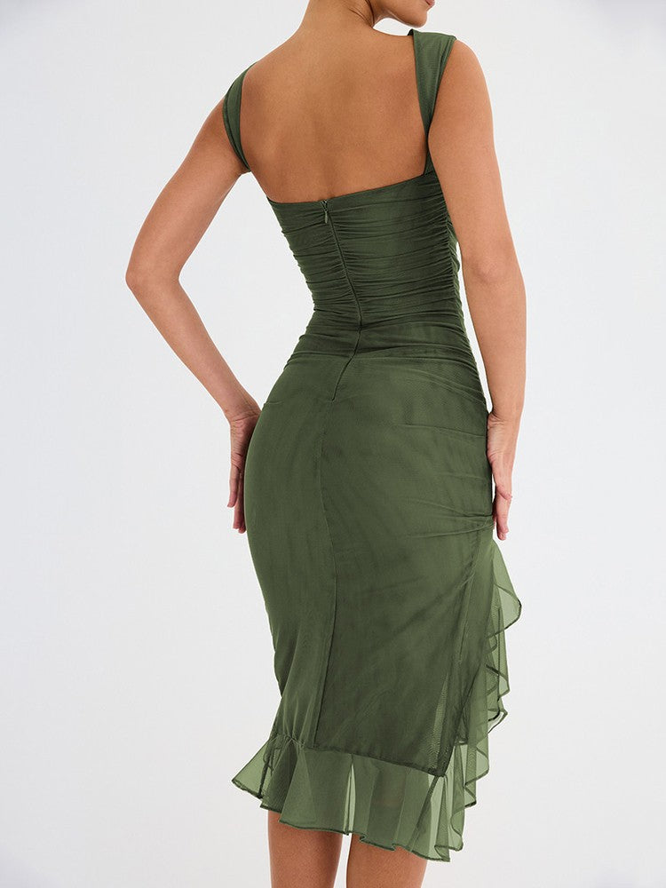 Mozision Elegant Ruffle Ruched Midi Dress For Women Robe Summer New Backless Sle