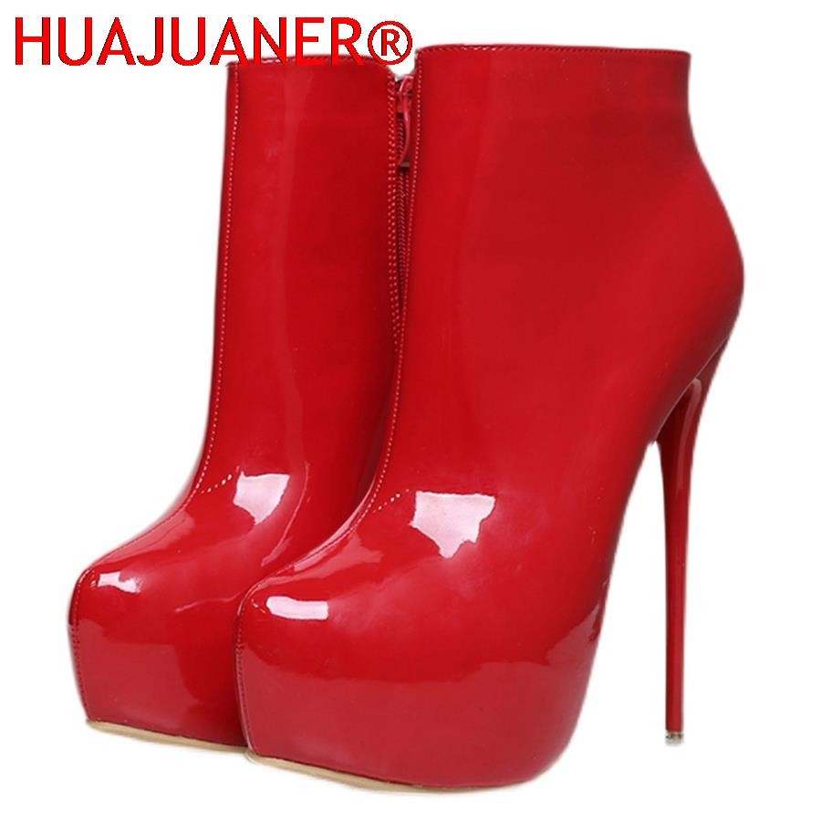 Big Size 35-47 Patent Leather Women Boots Round Toe Side Zipper Super High Heels 16CM Pumps 2025 Sexy Platform Party Shoes Woman