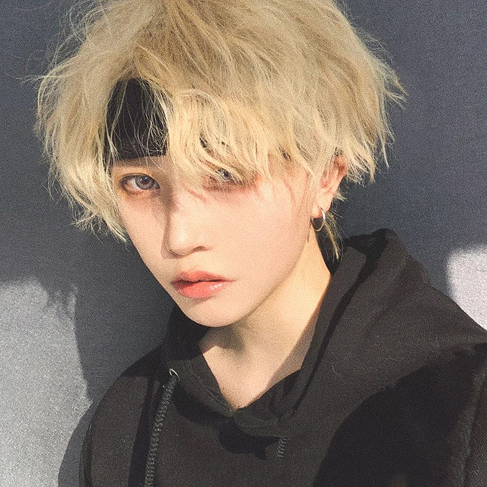 OLACARE Perucas Curta Mullet com Franja Sintética Reta Anime Masculina Preto Branco Cinza Verde Peruca de Cabelo para Festa Diária Cosplay