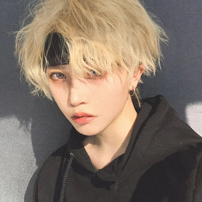 OLACARE Perucas Curta Mullet com Franja Sintética Reta Anime Masculina Preto Branco Cinza Verde Peruca de Cabelo para Festa Diária Cosplay
