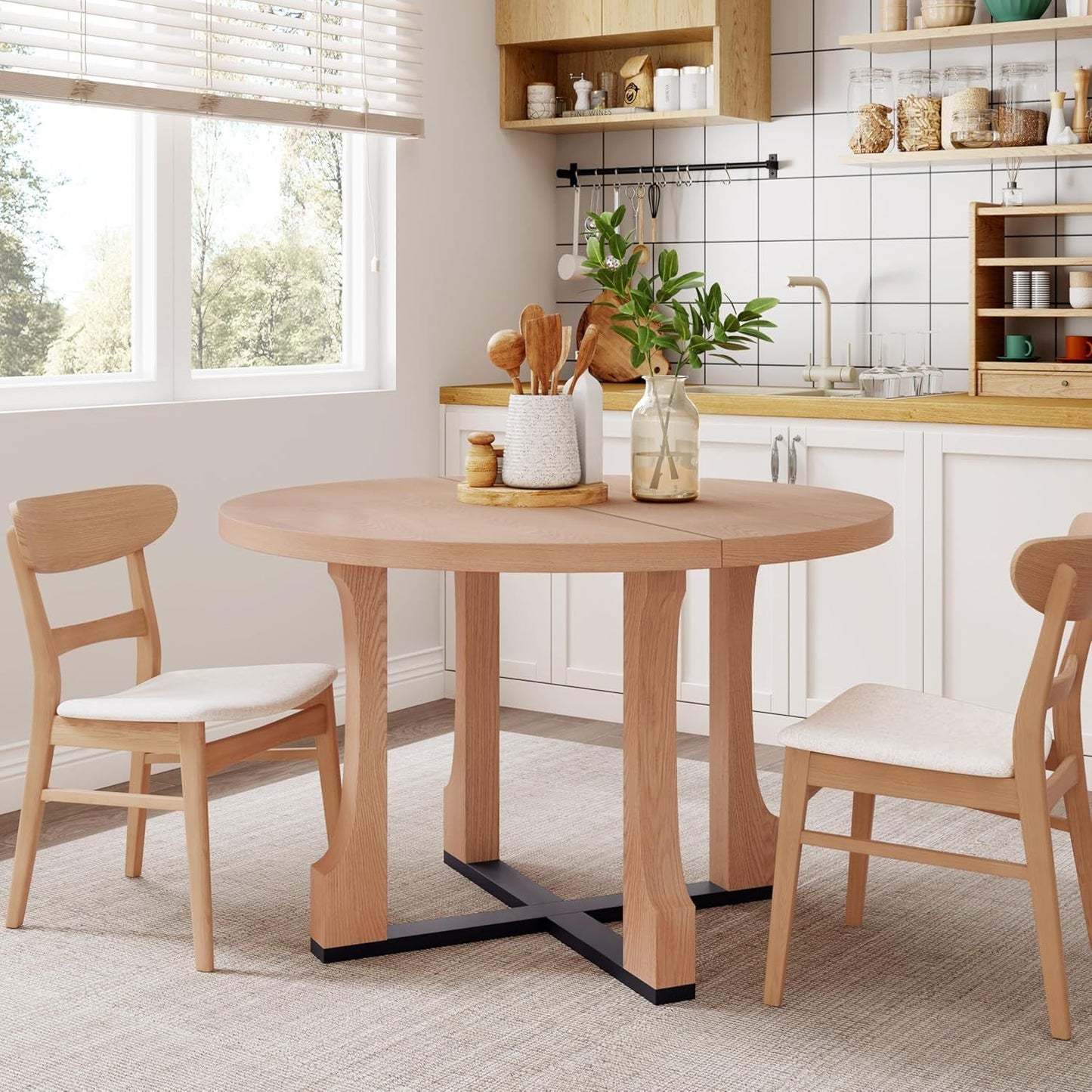 47" Round Dining Table for 4-6, Farmhouse Wood Circular Kitchen Tables, Dark Brown Retro Circle Dinner Table Easy Assembly