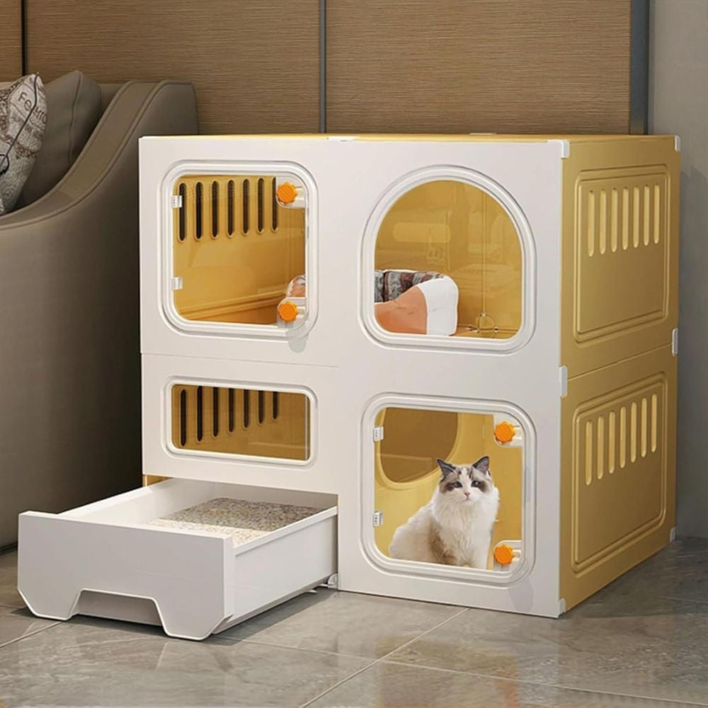 Gaiola Interna para Gatos: Villa Transparente de 2/3 Níveis, Plástico e Resina Espessos, Amarela, 71x46x71cm