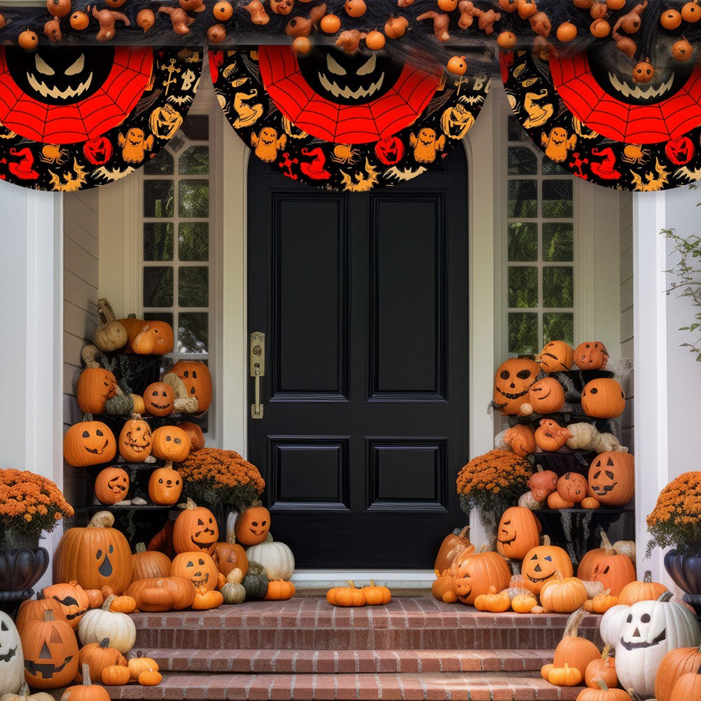 Halloween Fan Flag Spooky Halloween Bunting Flag Set for Outdoor Yard Decor Skull Ghost Pumpkin Banner for Porch Fence Kitchen