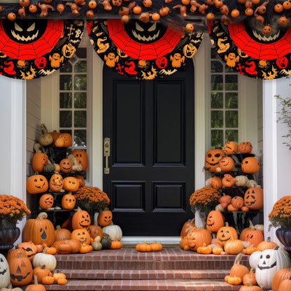 Halloween Fan Flag Spooky Halloween Bunting Flag Set for Outdoor Yard Decor Skull Ghost Pumpkin Banner for Porch Fence Kitchen