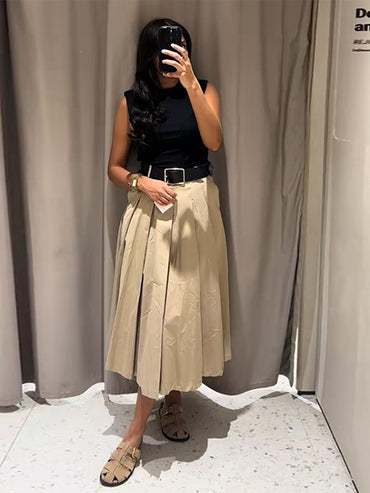 Fashion Patchwork Pleated Long Dress With Belt Women Chic Sleeveless Tank Maxi M