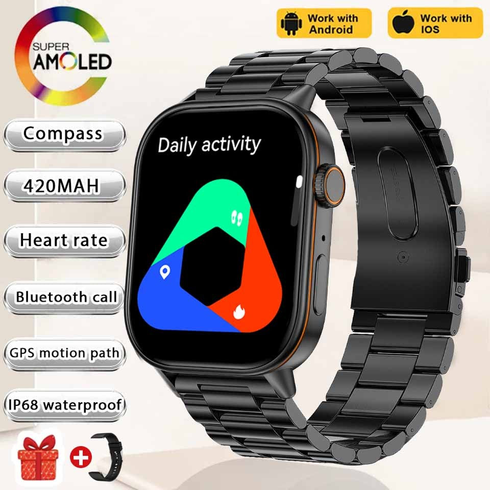 Smartwatch de Música Feminino 2025 Novo com Tela AMOLED HD de 2.01'' Moda, GPS de 6 Estrelas Embutido, Rastreador Impermeável e Chamada, Braceletes