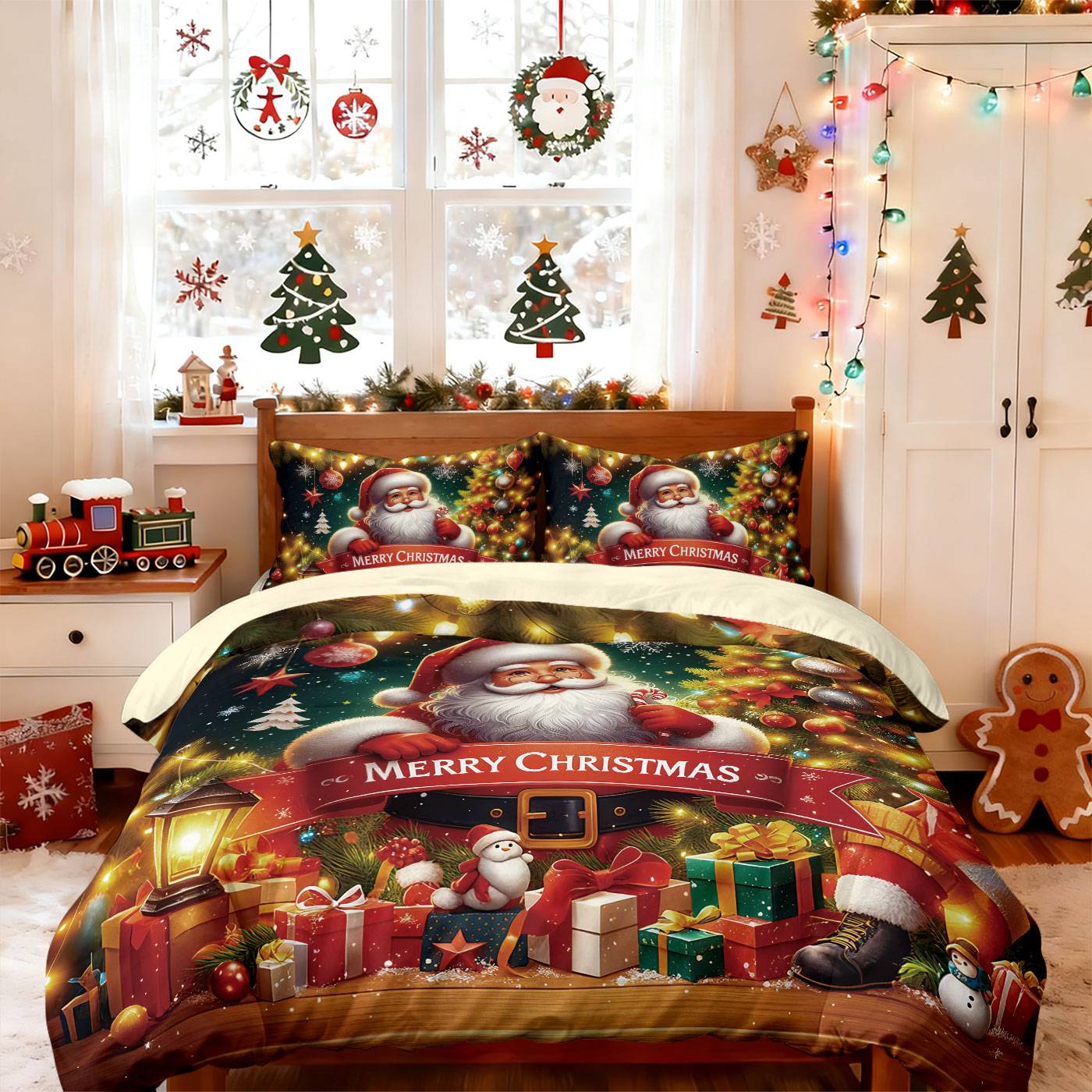 3pcs Merry Christmas Santa Claus print coreless bedding set multiple size bedrooms bedding holiday decorations, machine washable
