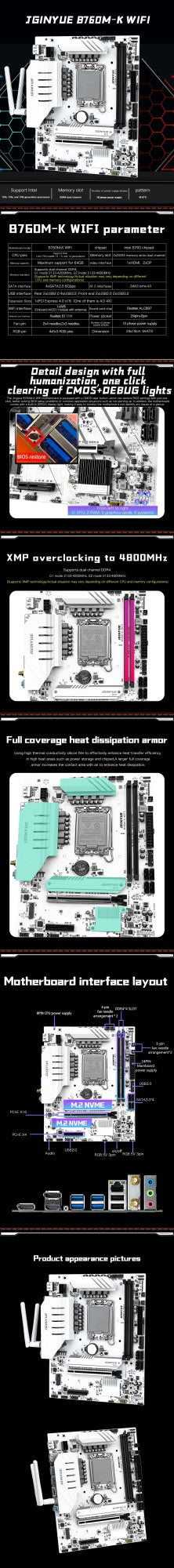 JGINYUE B760M-K WIFI motherboard M-ATX LGA1700 DDR4 supports 12/13/14th cpus For 12400F/12600KF/14600KF GAMING Video officelogy