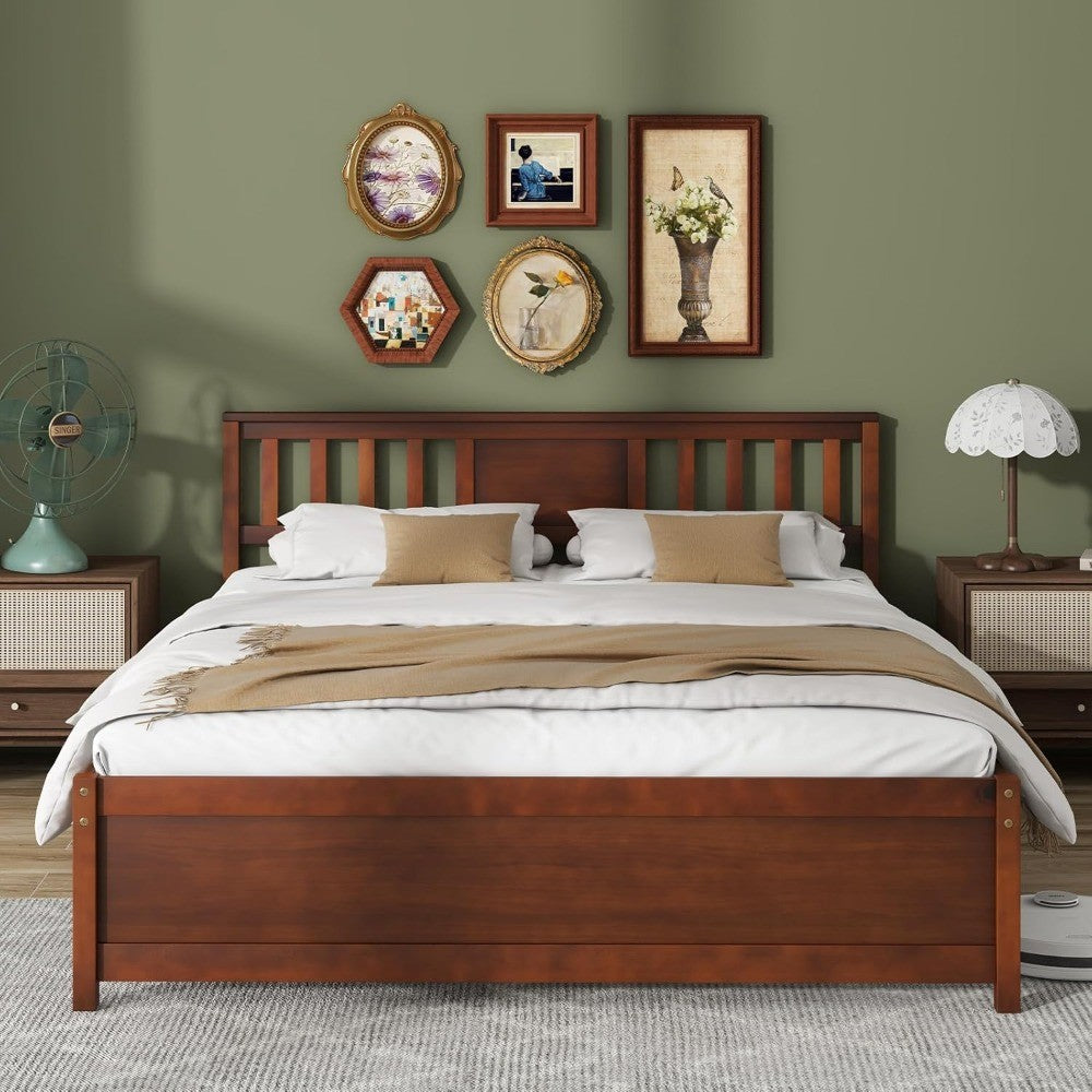Estrutura de Cama Queen Size de Madeira Maciça, Estrutura de Cama Queen de Meio Século com Cabeceira, Suporte de Estrado de Madeira, Cama de Painel, Sem B