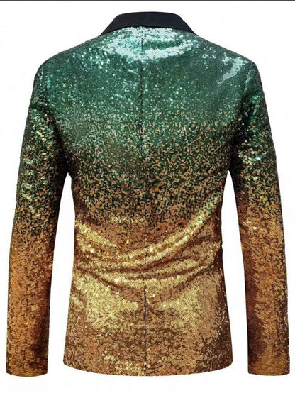 Shiny Sequin Tuxedo Jacket for Men - Royal Blue & Gold Gradient, Black Lapel, Formal Party/Wedding/Stage Wear? Coat.