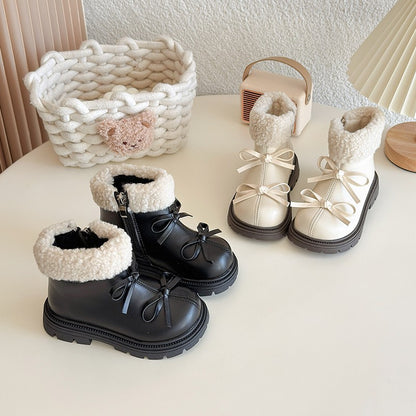 Girls Padded Fashion Leather Boots 2-18 Years Old Thickened Bow Hairy Girls Cotton Shoes Winter Beige Soft Non-slip Kids Boots