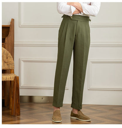 Three Gentleman Summer Naples Casual Straight Pants Men's Commuting Cotton and Linen Comfortable Breathable High Waist Pants