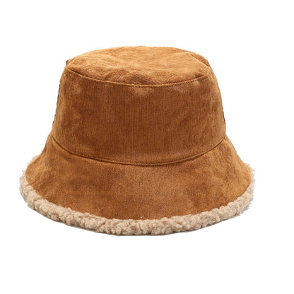 Reversible Faux Fur Bucket Hat Women Winter Lamb Wool Fleece Cap Corduroy Fisherman Hats Sunscreen Panama Caps