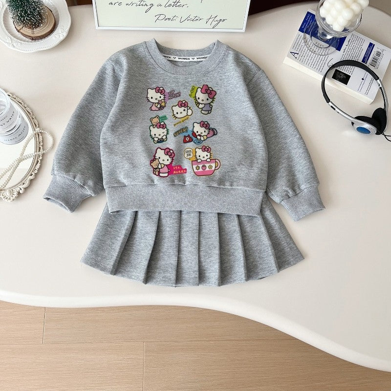 Autumn Baby Girls Clothes Set Kid Hello Kitty Printed Sweatshirts Pullover Top&Pleated Skirt 2pc Children Preppy Style Tracksuit