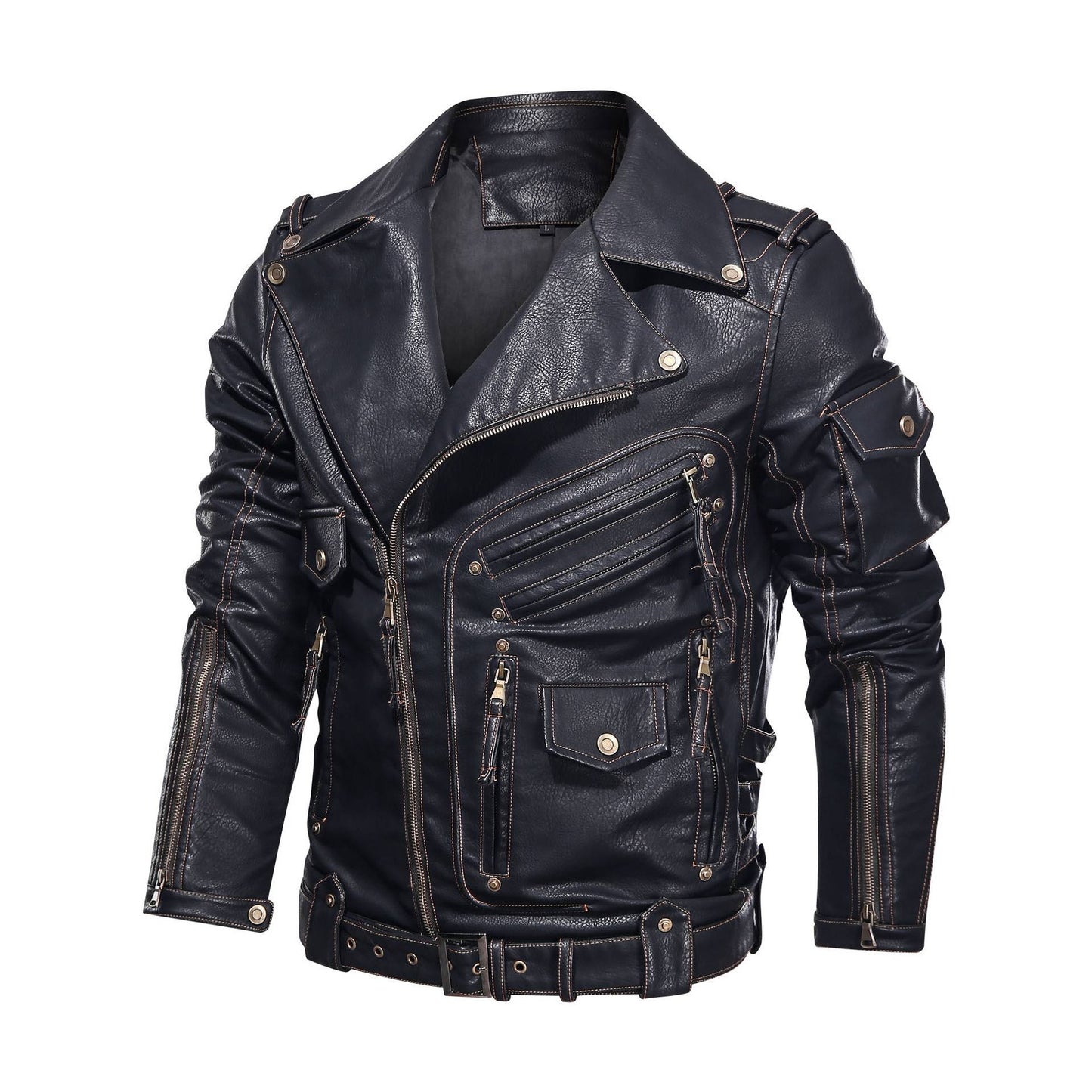 Winter Motorcycle PU Leather Jacket Fashion Cool Zipper Pockets Leather Coats Men Fashion Winter Clothing Mens Leather Jacket
