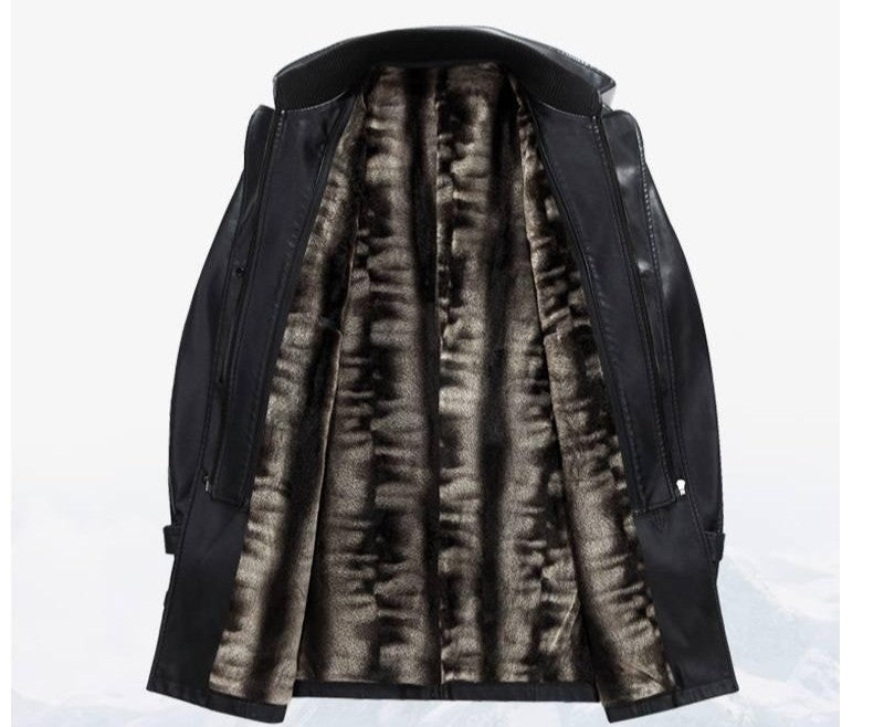 Fashion PU Leather Jacket Mid-length Fleece Thickened Windbreakers Suit Styles Large-sized Coats Overcoats Men's Slimming Trendy