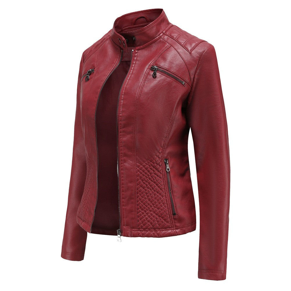 2025 Autumn Women's Black Moto Biker Zipper Jacket, Red Apricot Coffee PU Coat, Light Purple Outerwear.