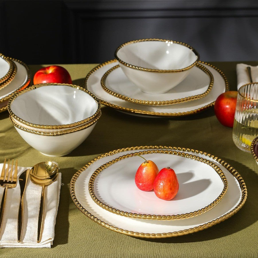 Christian Siriano Akoya Porcelain Dinnerware Set 24Piece Dish Set for 8 Plates and Bowls Set White and Gold