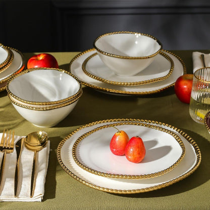 Christian Siriano Akoya Porcelain Dinnerware Set 24Piece Dish Set for 8 Plates and Bowls Set White and Gold