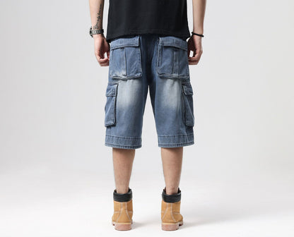 ABOORUN Mens Plus Size Loose Baggy Denim Shorts Fashion Streetwear Hip Hop Skateboard Cargo Jeans Short for Male R1402