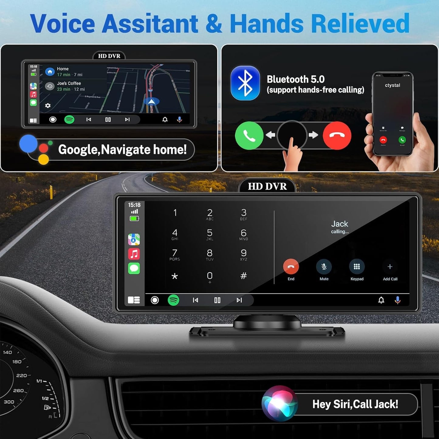 Gravador de Vídeo DVR 4K de 10/11,26 Polegadas com CarPlay e Android Auto Sem Fio, Câmera Veicular, Áudio Bluetooth, Navegação GPS e Duas Lentes para Painel