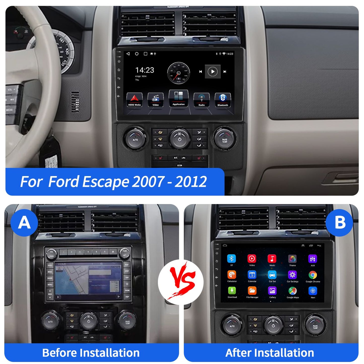9" Car Stereo Radio For Ford Escape 2007-2012 Apple Carplay GPS Navigation WIFI 2G+32G Android 14 SWC Bluetooth FM/RDS Head Unit