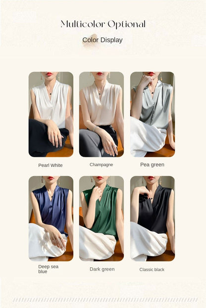 Womens Tops Blouses Solid Color White Satin Blouse Office Shirt Blusas Sleeveless Women Shirts Black White Female YTM A31